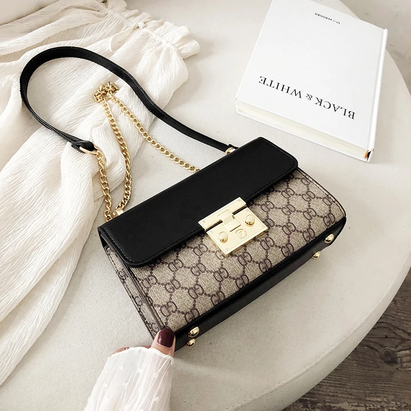 

2019 new lock small square bag chic chain bag letter printing handbags shoulder slung small bag