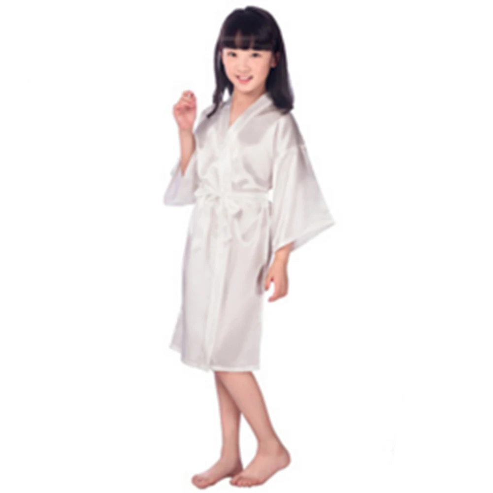 New Arrival Baby Girls Kid Silk Satin Kimono Robes Bathrobe Sleepwear Nightdress Wedding Flower Girl Solid Loose Night Dress - Цвет: white