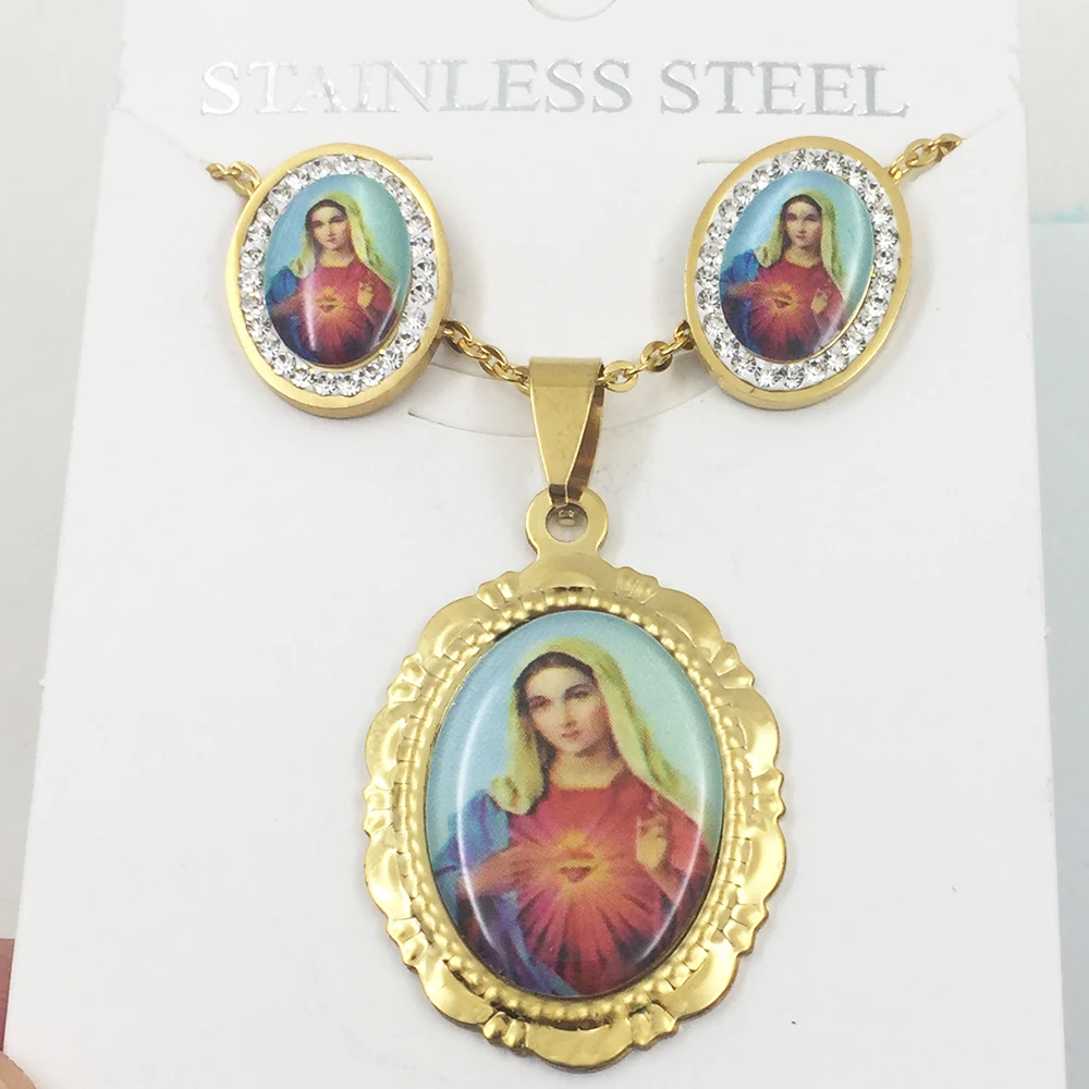 

New Fashion Jewelry Set Stainless Steel Blessed Virgin Mary Pendant Necklaces Earrings For Women Catholic church Gift