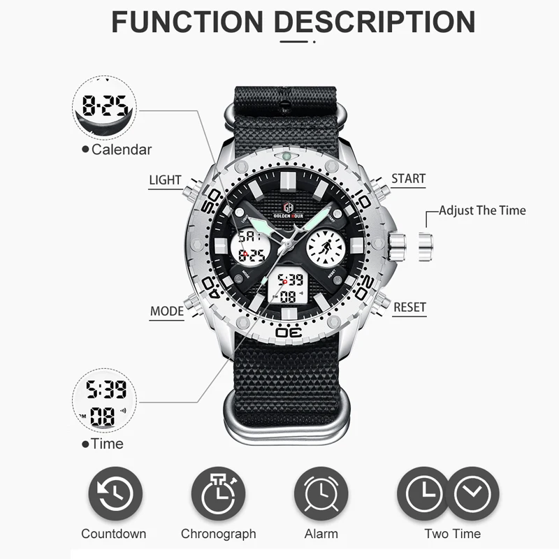 Billig GOLDENHOUR Mode Outdoor Sport Männer Uhr Armee Militär Leinwand Analog Digital Armbanduhr Dual Display Silber Fall Männlichen Uhr