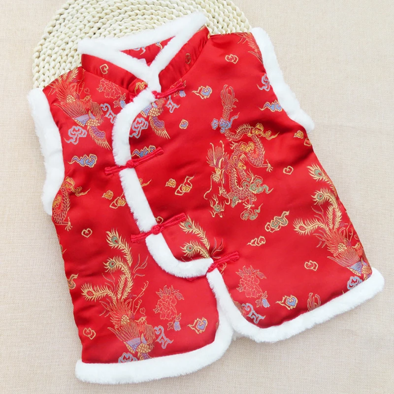 Baratos Traje de Año Nuevo Chino de algodón engrosado para bebés y niñas sin mangas Tang Suits bordado dragón chalecos ropa para niños