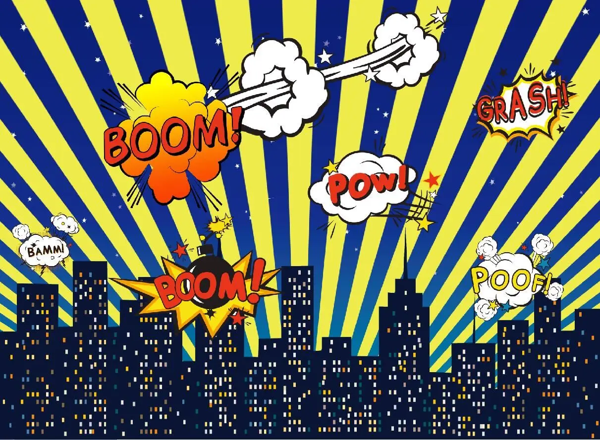 Birthday Party photo backdrop BOOM superman skyscrapers party banner dector background for baby shower cake dessert table W-284
