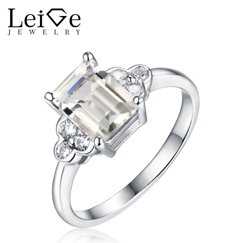 Leige Jewelry 925 Sterling Silver Green Amethyst Promise Rings for Women Emerald Cut Natural