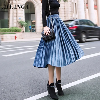 

2019 Spring Autumn Skirts Women High Waist Female Long Velvet Skirt Casual Gradient Bottoms Womens Pleated Skirt Multi-Colors