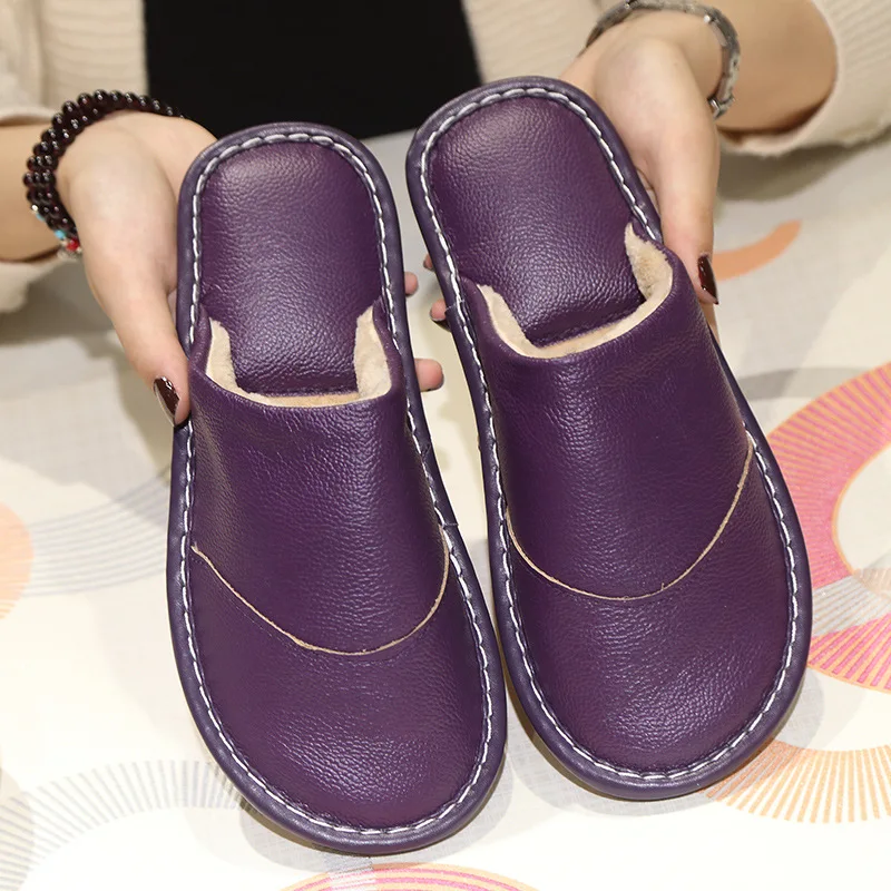 

Luxury Autumn Winter Fashion Home Slippers Woman Genuine Cow Leather Sandals Shoes Mother Study Bedroom Slippers Size 35-40