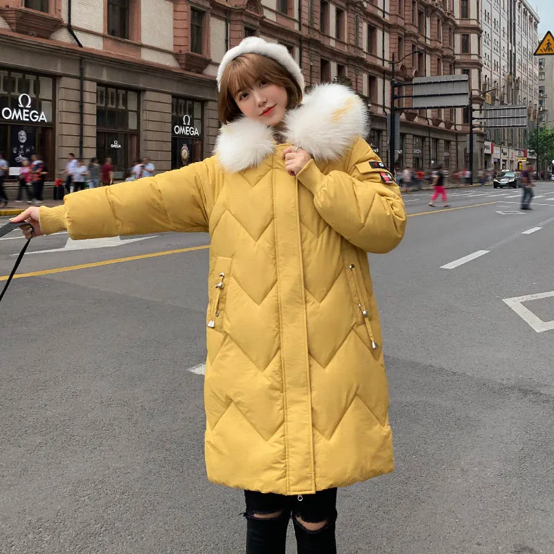 Горячая Распродажа, зимняя женская куртка, высокое качество, женская теплая плотная стеганая Женская длинная куртка с капюшоном, меховая парка - Цвет: Цвет: желтый