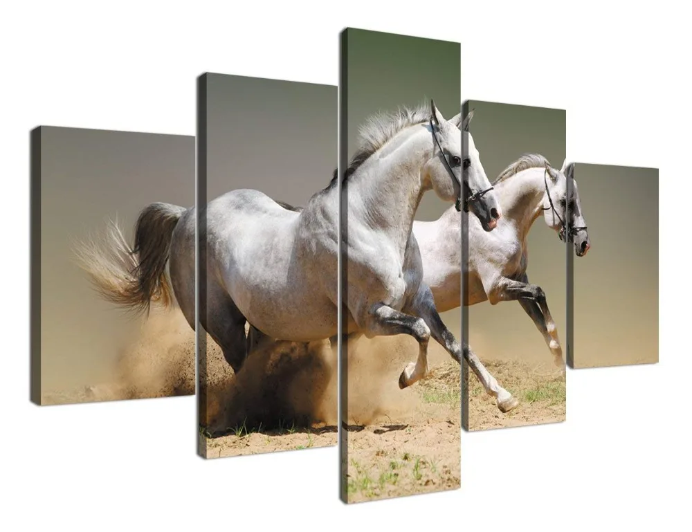 Yatsen Bridge Running White Horses Painting 5 Piece Modern Home Wall Decor on Canvas Artworks Prints for Living Room Bedroom Wall Decoration Stretched and Framed Ready to Hang (70''W x 40''H)