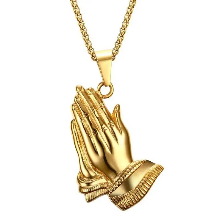 

New Men Gold Tone Bling Praying Prayer Hand Buddha Pendant Lucky Necklaces Stainless Steel Hip Hop Jewelry With Link Chain 2018