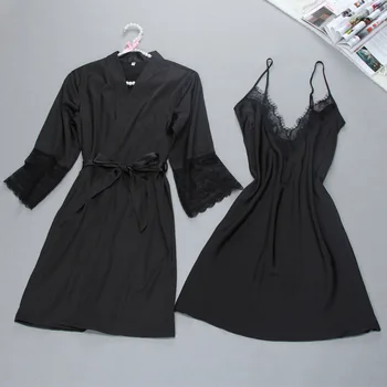 

Fashion Ladies Robe & Gown Set Two-Pieces Women's Nightwear Sleepwear Set High Quality Satin Silk Lace Sleeve Pijamas Set