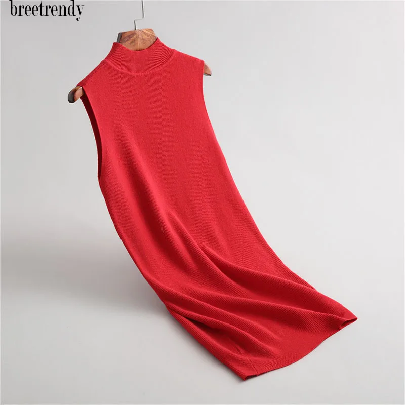 Осенняя мода, женское короткое одноцветное платье с высоким воротником, элегантное вязаное платье, женское облегающее платье-свитер без рукавов, Платья vestidos - Цвет: red