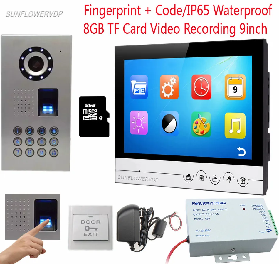 

9" Color Video Recording Videophone Fingerprint Code IP65 Waterproof Doorbell With Camera Free 8GB TF Card Door Video Phone Kit