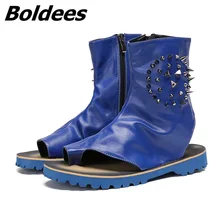 Boldees/летние сандалии в стиле панк Мужская пляжная обувь синие кожаные повседневные сандалии-гладиаторы на плоской подошве с открытым носком и заклепками