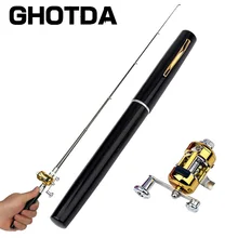 Bolso portátil telescópica mini vara de pesca forma caneta dobrável vara de pesca com carretel roda
