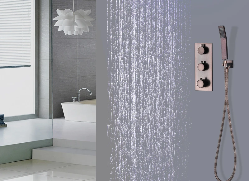 Premium Quality Brass Black Shower Set Bathroom 16 Rain Thermostatic Faucets ORB LED Shower Spout Diverter Mixer Handheld Set (12)
