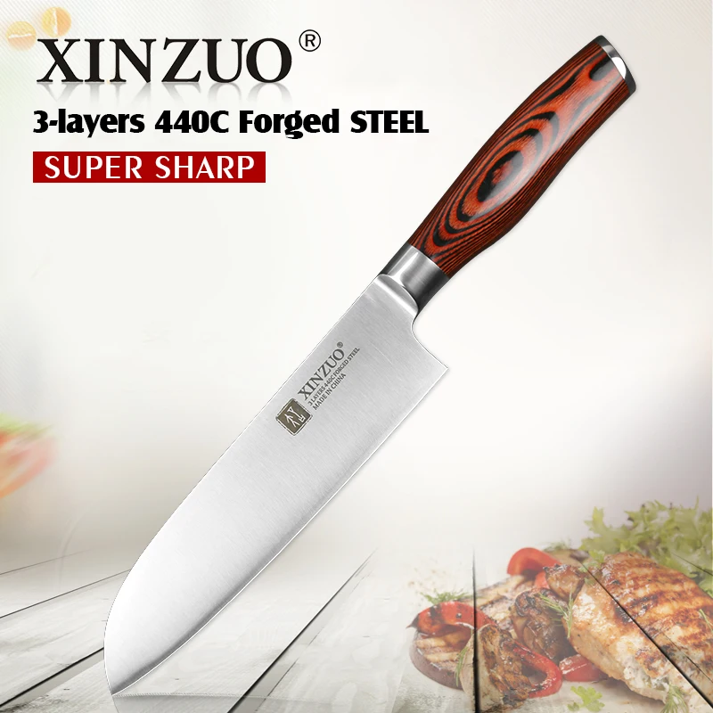 XINZUO 7 дюймов Santoku Ножи Нержавеющая сталь 3 Слои 440C одетый Сталь Кухня ножи Тесак