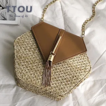 

TTOU Fashion Women Simple Straw Bag Chains Weaving Female Shoulder Bags with Tassel Summer Beach Bag Ladies' Messenger Bag Sac