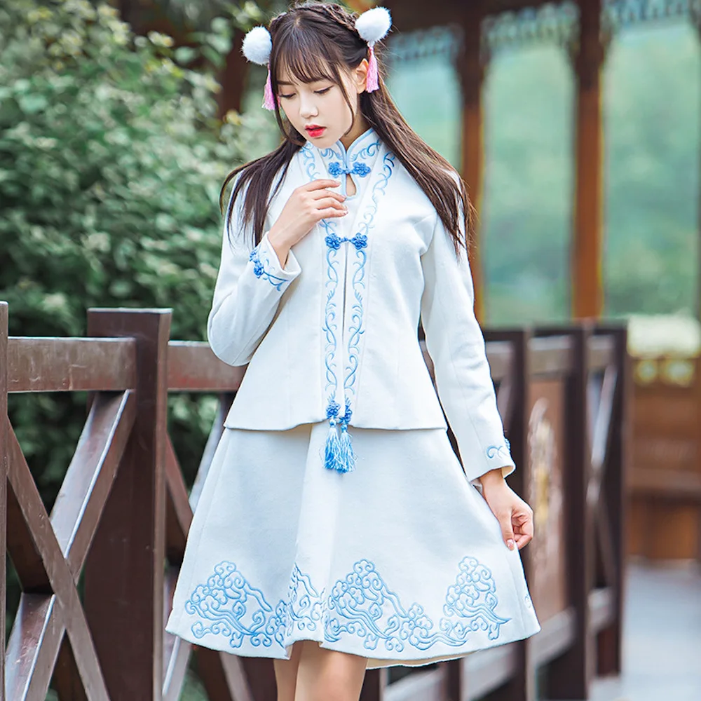 SzBlaZe Brand New Chinoiserie Chinese Style Embroidery Two Piece Dress Woman Wollen fabric Coat Winter Spring Open Stitch Jacket
