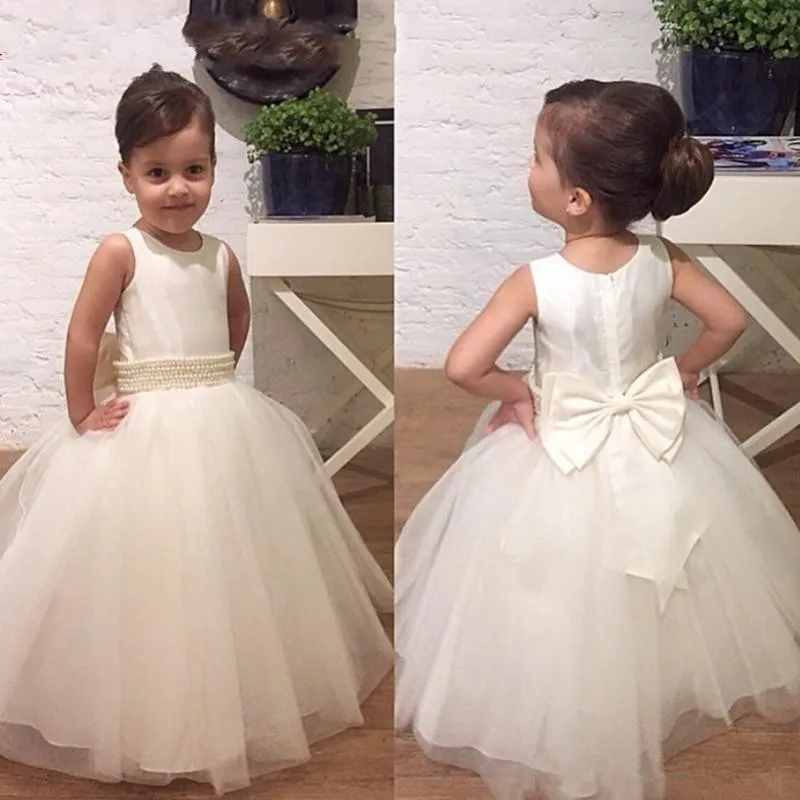 2018 Wholesale Long Flower Girls Dresses For Weddings Bow Beads Ivory Tulle Bridal Pageant Dress