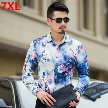 

Spring new plus size men's shirt big men people long-sleeved shirt male casual printing large size men 7XL