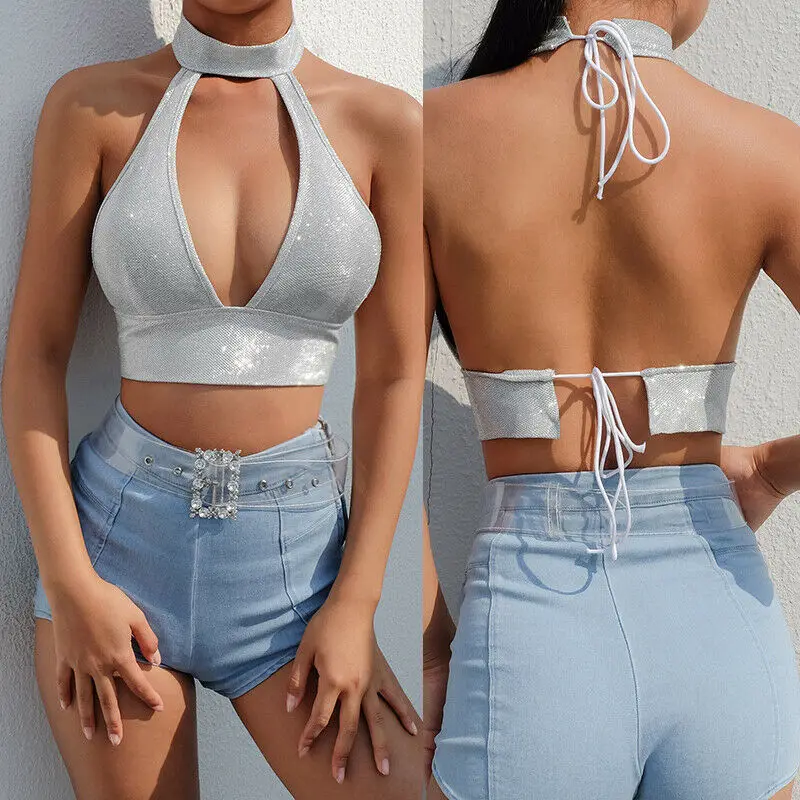 Hirigin пикантные Для женщин Дамы Холтер блестящие серебряные Crop Top V шеи бретели