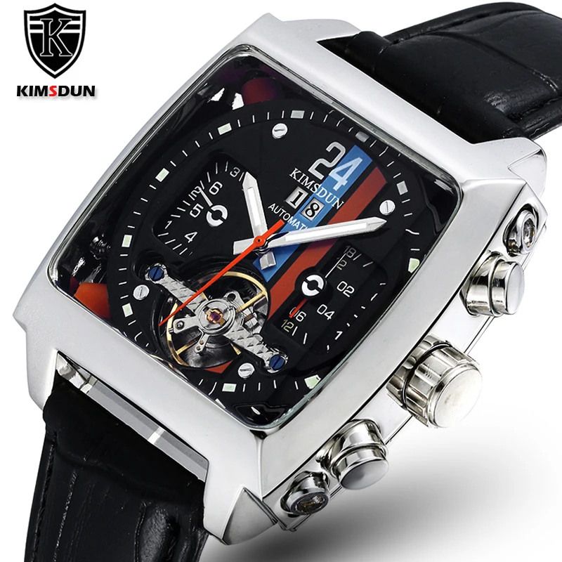 

TOP Automatic Self Wind Mechanical Genuine Leather Stainless Steel Black Orange Blue Casual Perspective See Through Men Watch