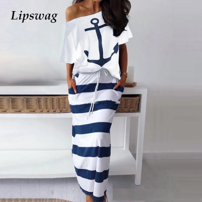 

Lipswag 3XL Women Two Piece Sets Print Blouse Shirt 2019 Summer Autumn Casual O-Neck Skirt Lace-Up Striped Ankle-Length Skirt