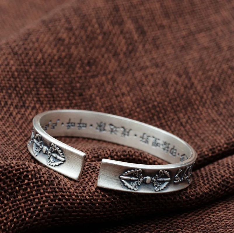 

HFANCYW Pure S990 Silver Antique Craft Buddhist Scriptures Ladies' Power of Wisdom Bracelets Silver Opening Bangle Birthday Gift