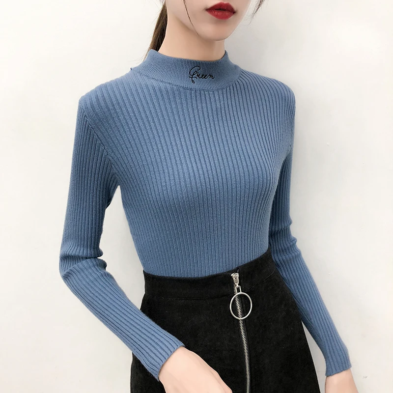 

gkfnmt 2019 Sweater Women Half Turtleneck Embroidery Female Knitted Sweater Pullovers long Sleeve Winter Warm Jumper