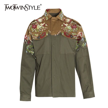 

TWOTWINSTYLE Embroidery Jacket For Women Lapel Collar Long Sleeve Beading Sequins Patchwork Coats Female 2020 Fashion New