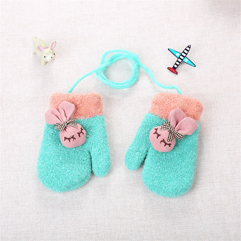 1 Pair Cute Cartoon Little Rabbit Thicken Warm Cotton Infant Baby Boys Girls Winter Warm Solid With Sling Full Finger Mittens Kids (5)