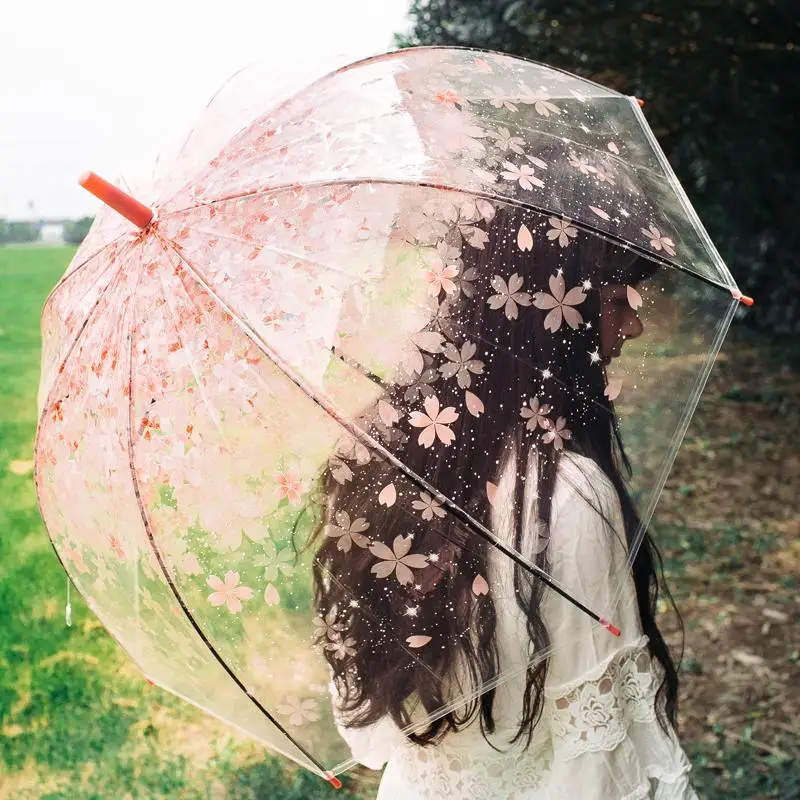 

Fashionable Transparent Female Umbrella Long Handle 60 Centimeters Sakura Mushroom Princess Romantic Umbrella