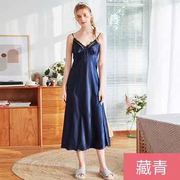 

Sexy Navy Blue Summer Womens Strap Nightdress Long Robe Sleepwear Casual Silky Home Wear Nightwear Bath Gown M-XL