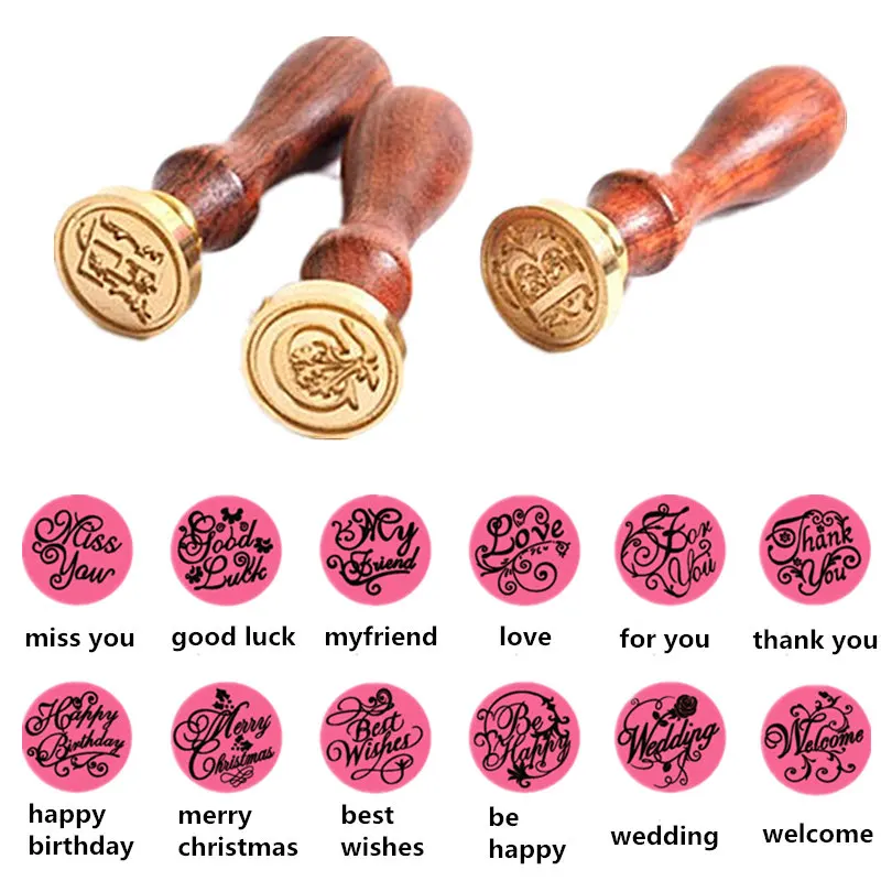 

1PCS Greeting Series Retro Wooden Handle Copper Head Seal Wax Stamp Decoration Greeting Birthday Wedding Invitation Seal Stamp