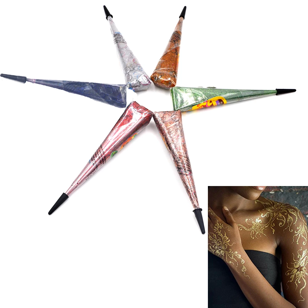 1 قطعة هيئة الفن الوشم الحناء بريق المخروط 6 ألوان الليزر معجون الطلاء المؤقتة رسم موقع قران الهندي مخروط بريق المرحلة 2017