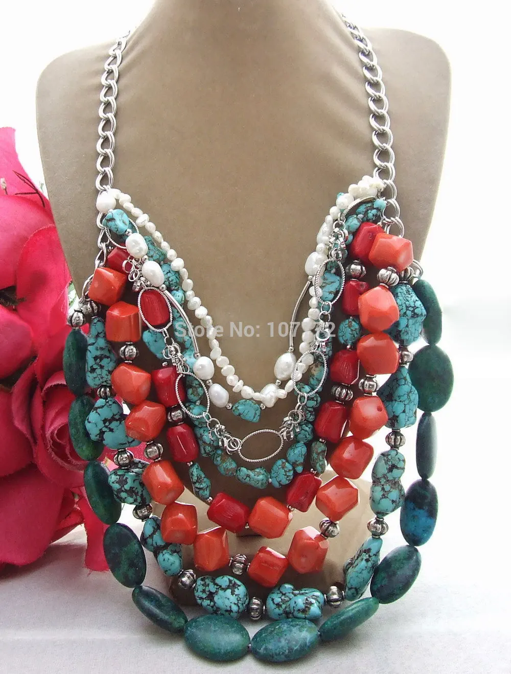 

8 strands Pearl&Blue Semi-precious Stone&Coral Necklace