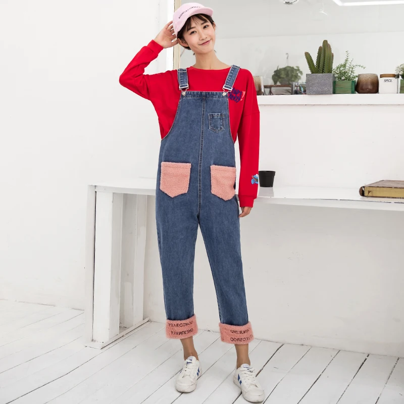 Woollen Patchwork Denim Overalls For Women Autumn Winter 2018 Roll Up Pockets Design Casual Embroidery Jumpsuit Romper | Женская одежда