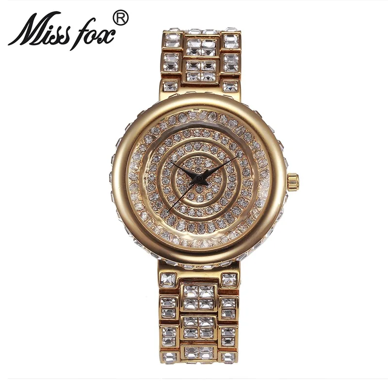 

Miss fox European fine steel full diamond ladies bracelet top brand waterproof 50m quartz watch woman luxury fashion watch gold