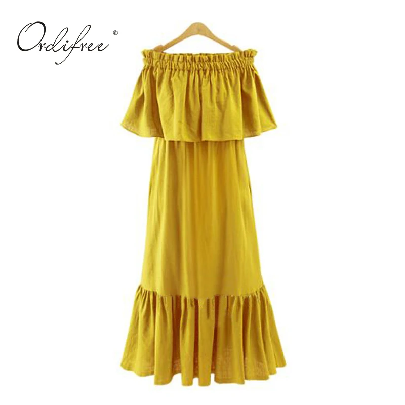 Tanie Ordifree 2019 kobiety wzburzyć długa, maksi sukienka letnia Sundress Swing sukienek Sexy Off ramię Stretch luźna sukienka vintage