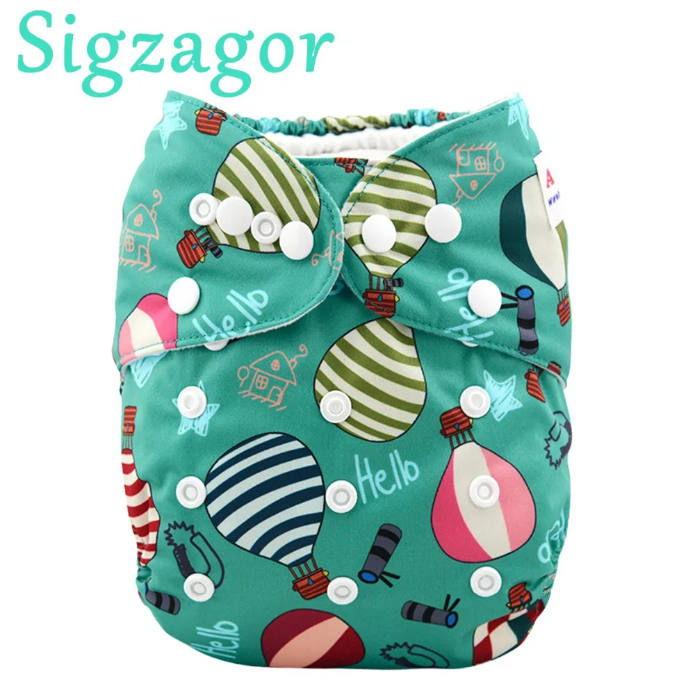 

[Sigzagor]ALL IN ONE Baby Cloth Diaper Nappy Reusable,Sewn in bamboo microfiber insert,t,3-15kg,For Heavy Wetter Night 7 Prints