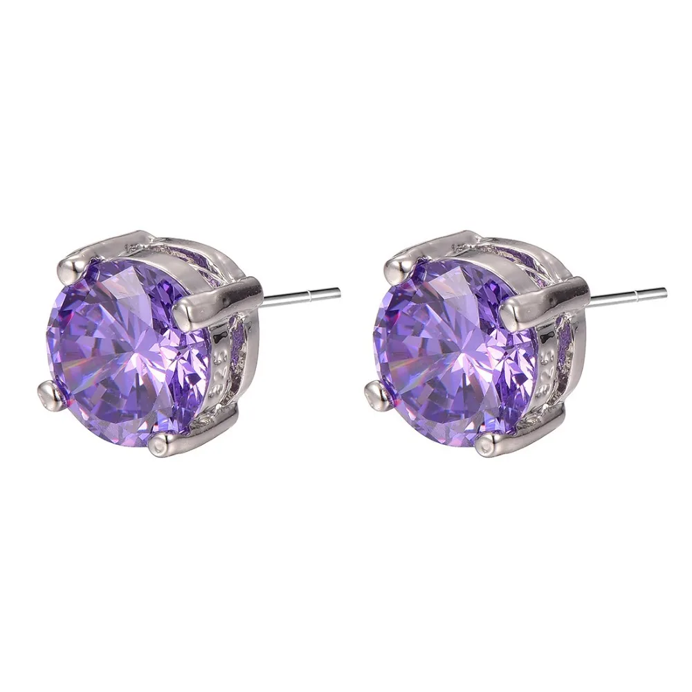 Purple Crystal Zircon Women Stud Earrings 925 Sterling Silver Stud