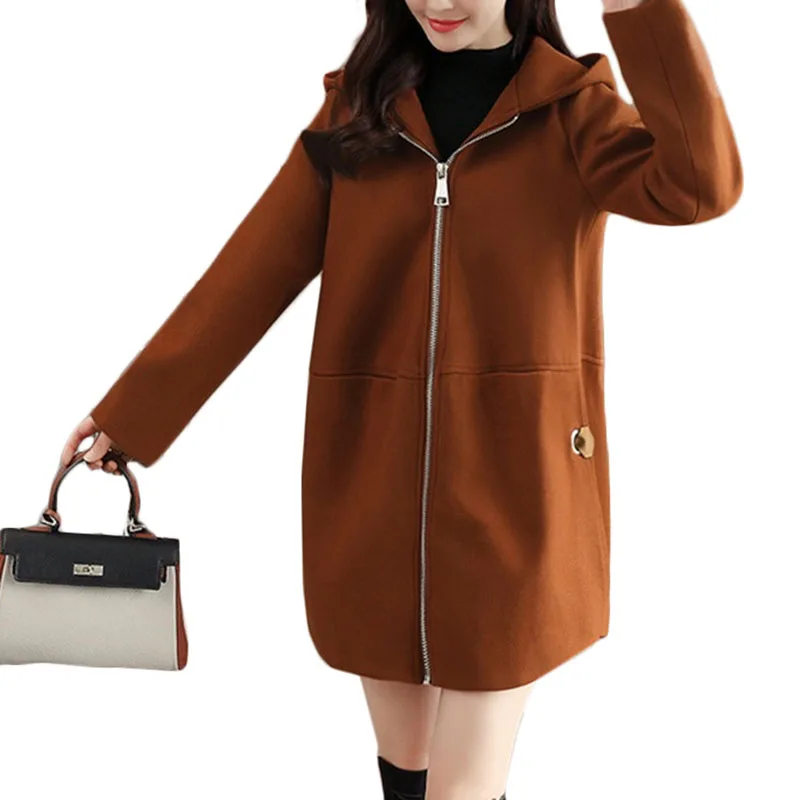Осенне-зимнее корейское шерстяное пальто для женщин, свободная длинная повседневная куртка, пальто для женщин, прямой карамельный цвет, верхняя одежда с капюшоном, A363 - Цвет: Caramel colour