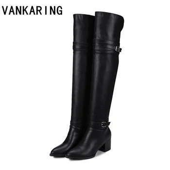 

VANKARING brand design fashion winter warm boots women over the knee high boots black PU leather female high heels autumn shoes