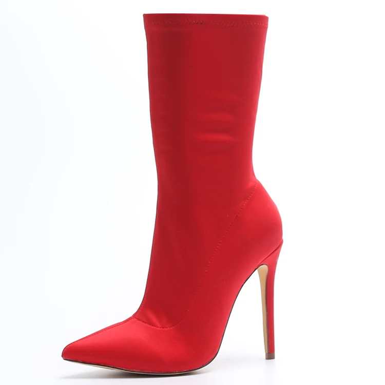 Индивидуальные красные сапоги до середины икры Lycra four-sided стрейчевая ткань остроконечные шпильки боковая молния женские характерные ботинки 35-44