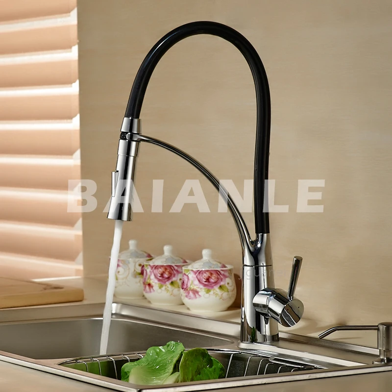 Black and Chrome Finish Kitchen Sink Faucet Deck Mount Pull Out Dual Sprayer Nozzle Hot Cold Mixer Water Taps Black and Chrome Finish Kitchen Sink Faucet Deck Mount Pull Out Dual Sprayer Nozzle Hot Cold Mixer Water Taps