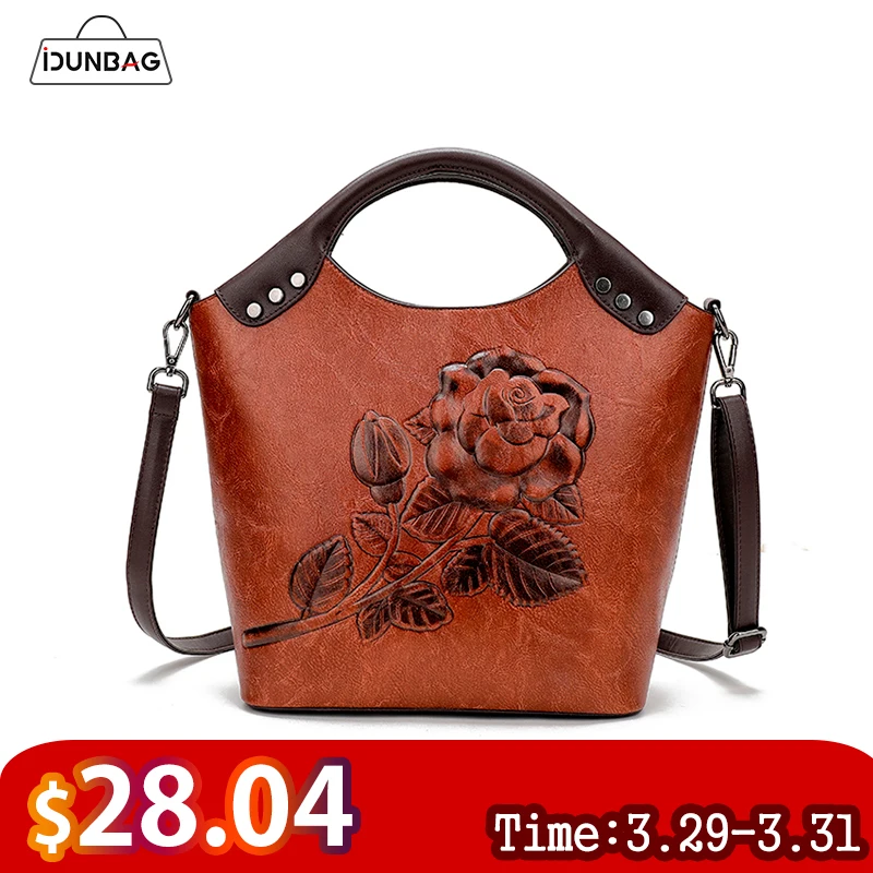 

IDUNBAG Women Leather Handbag Shoulder Bag Vintage Bucket Bags Embossing Retro Designer Floral Handbag Luxury High Quality Tote