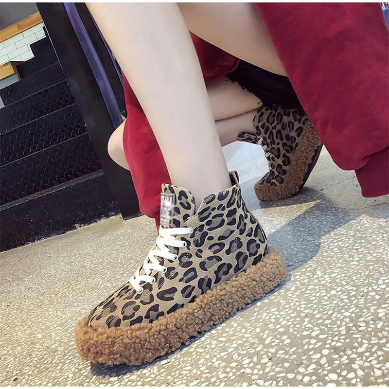 MCCKLE/Женская Повседневная зимняя теплая обувь на плоской подошве с мехом; женская леопардовая обувь на платформе со шнуровкой; женская обувь из флока на плоской подошве для отдыха