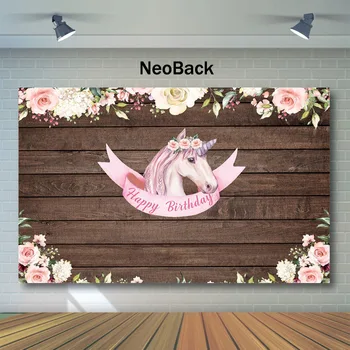 

NeoBack Pink Unicorn Happy Birthday Background For Photo Wooden Flowers Backdrop Birthday Party Banner Pops Photo Backdrops