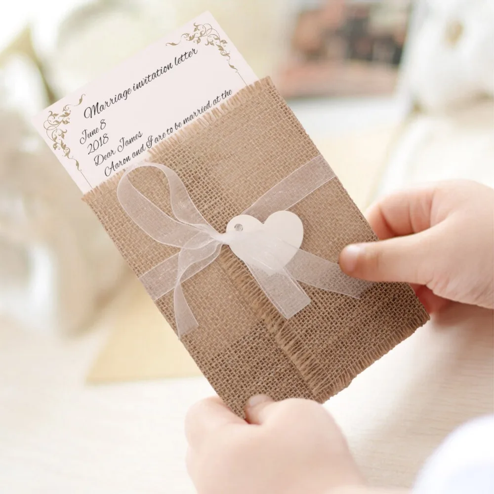  OourWarm 30/10Pcs Rustic Wedding Invitations Burlap Greeting Cards Postcard with Ribbon Envelope Vi - 32978116050