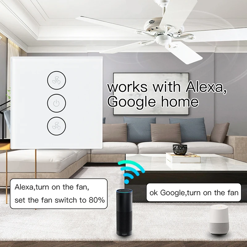 ЕС/США Tuya Smart Life WiFi умный потолочный вентилятор переключатель приложение удаленный таймер и контроль скорости совместим с Alexa и Google Home