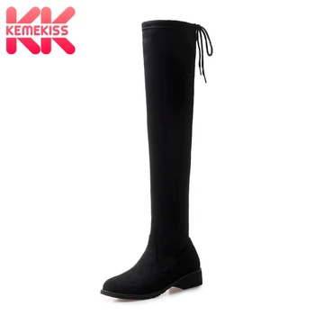 

KemeKiss Women Flats Boots Lace Up Winter Warm Fur Thigh High Boots Round Toe Shoes Woman New Fashion Stretch Boot Size 33-43